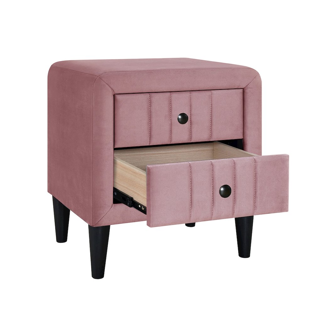 2 Drawers Brushed Linen Fabric Nightstand with Tapered Shape Legs in Pink. Picture 4