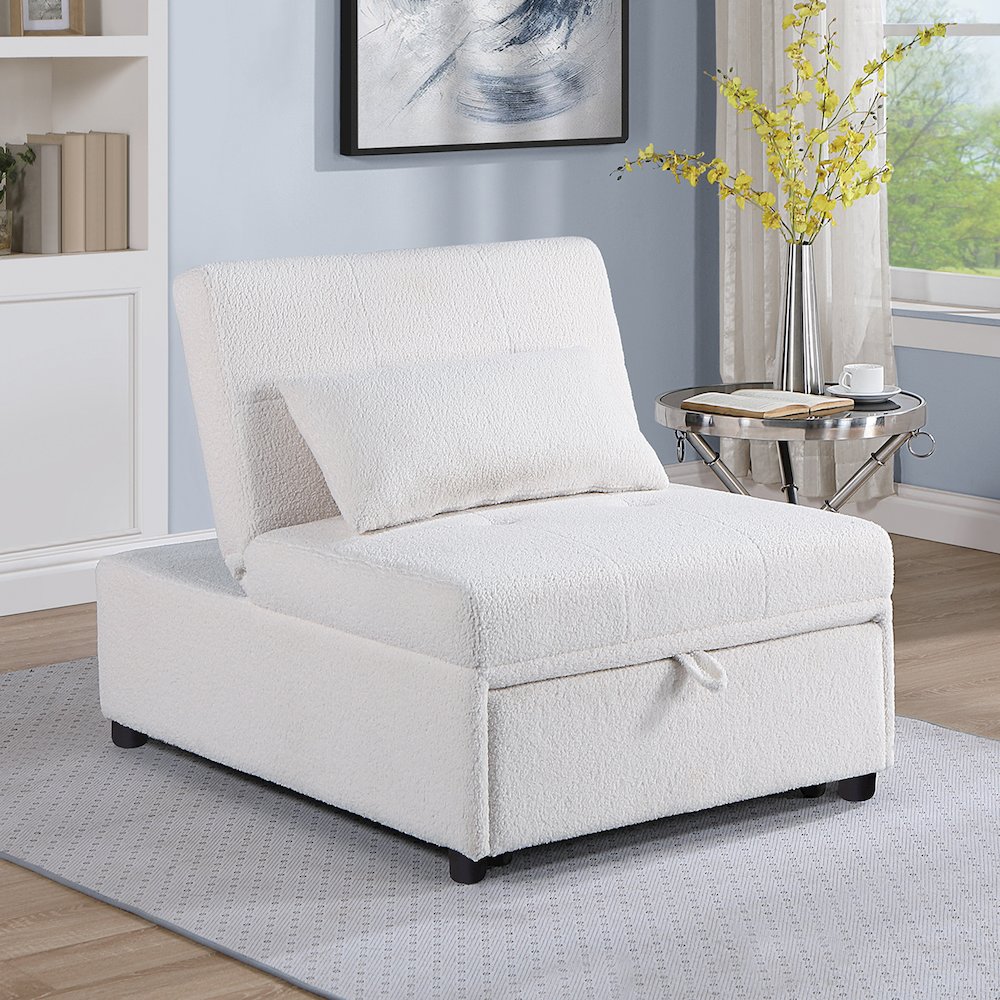 Sherpa Fabric Upholstered Sleeper Sofa Chair in White. Picture 2