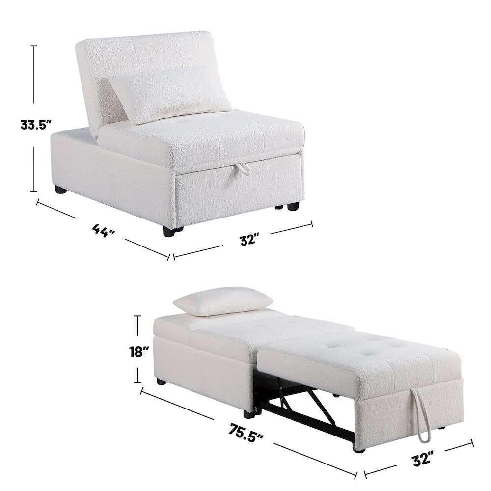 Sherpa Fabric Upholstered Sleeper Sofa Chair in White. Picture 3