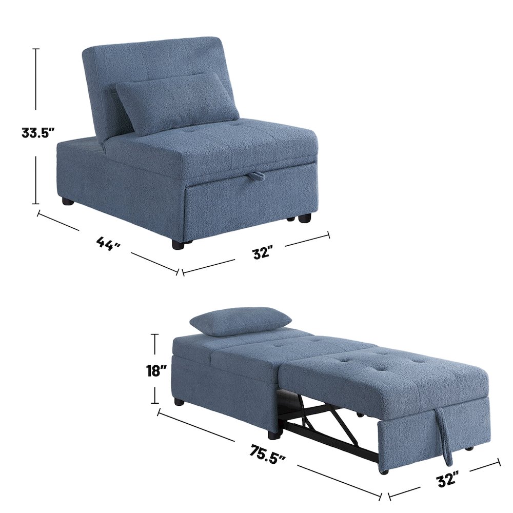 Sherpa Fabric Upholstered Sleeper Sofa Chair in Blue Gray. Picture 3