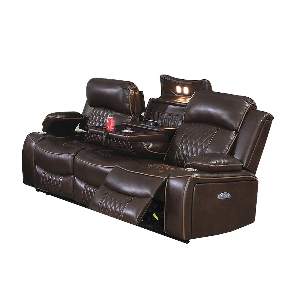 Leatherette Power Motion Sofa with USB Port in Brown. Picture 1