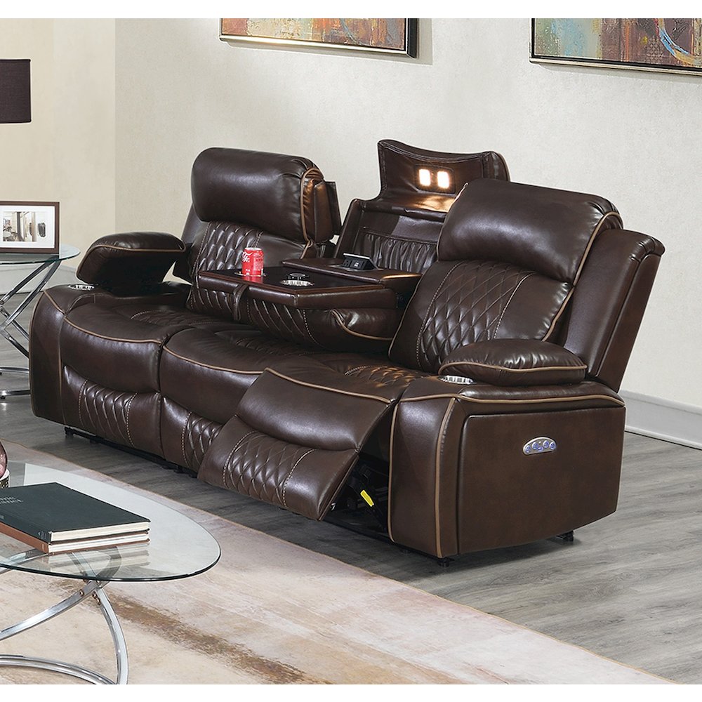 Leatherette Power Motion Sofa with USB Port in Brown. Picture 2