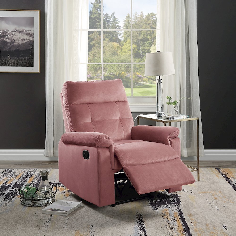 Velvet Upholstered Manual Motion Single Recliner with Tufted Back in Blush Pink. Picture 2