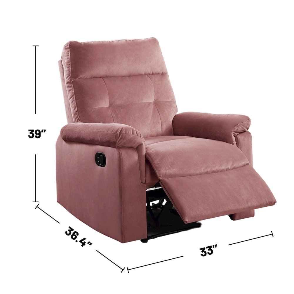 Velvet Upholstered Manual Motion Single Recliner with Tufted Back in Blush Pink. Picture 3