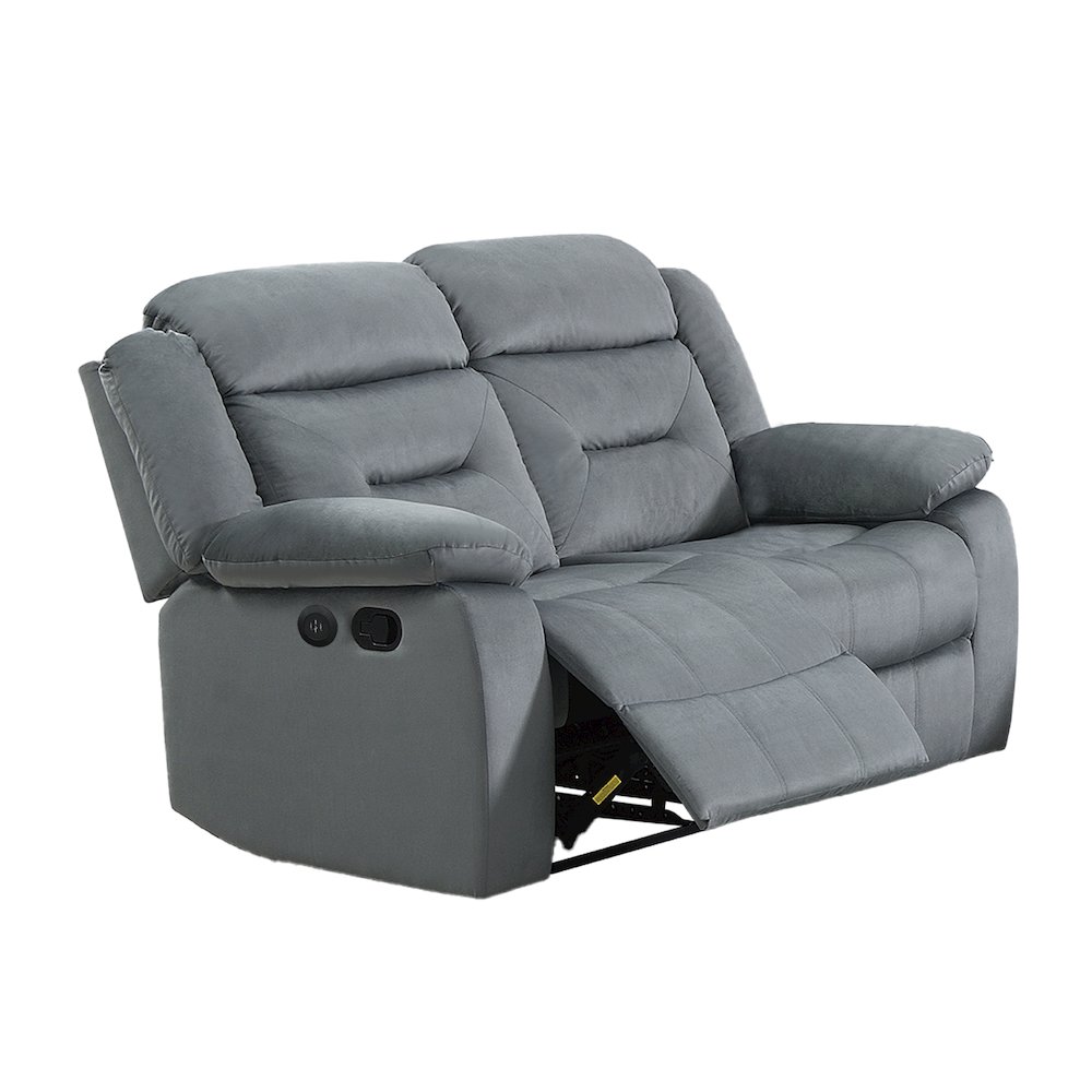 Velvet Upholstered Manual Motion Recliner Loveseat with USB Port in Dark Gray. Picture 1