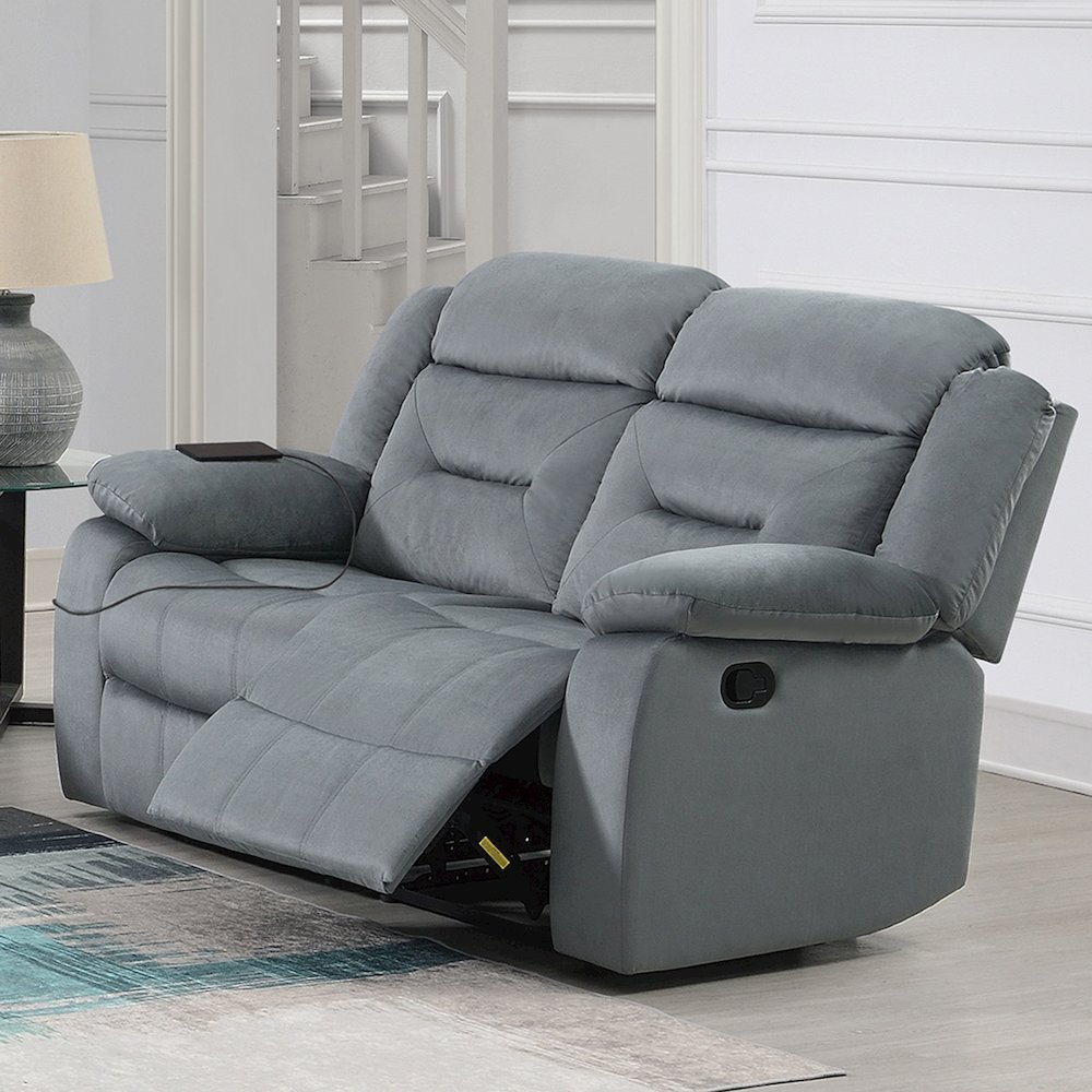 Velvet Upholstered Manual Motion Recliner Loveseat with USB Port in Dark Gray. Picture 2
