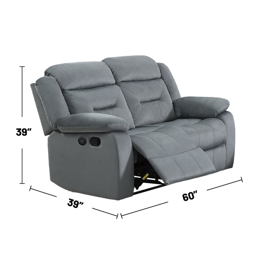 Velvet Upholstered Manual Motion Recliner Loveseat with USB Port in Dark Gray. Picture 3