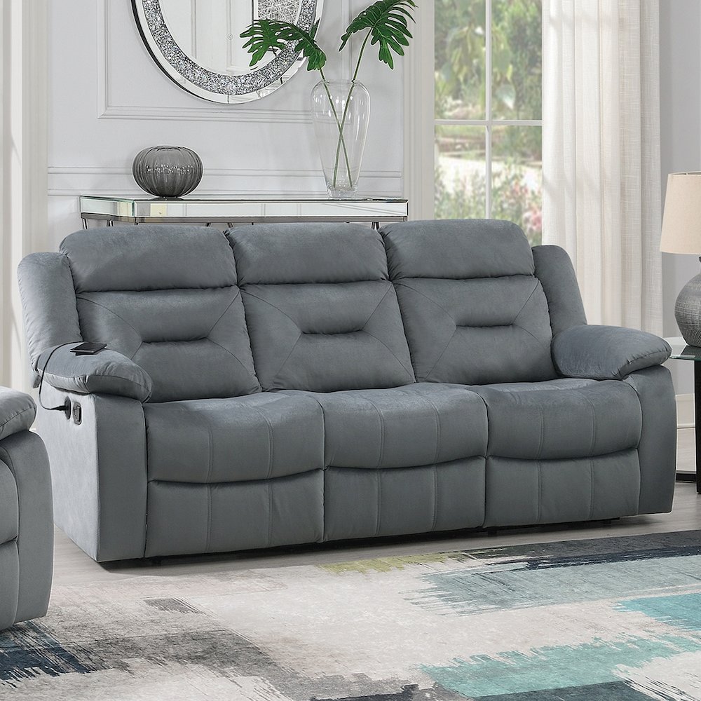 Velvet Upholstered Manual Motion Recliner Sofa with USB Port in Dark Gray. Picture 2