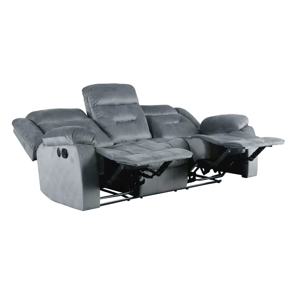 Velvet Upholstered Manual Motion Recliner Sofa with USB Port in Dark Gray. Picture 4