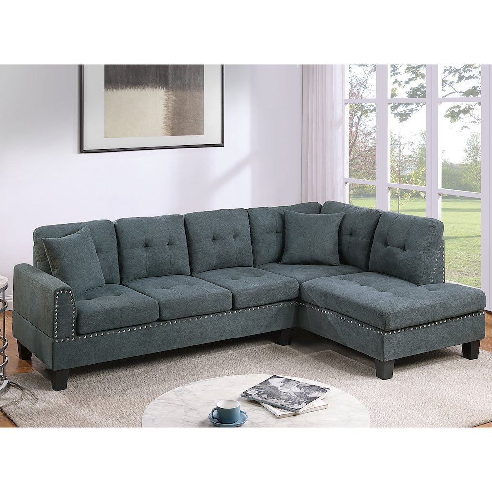 2 Piece Velvet Sectional Sofa Set with 2 Accent Pillows in Ash Black. Picture 2