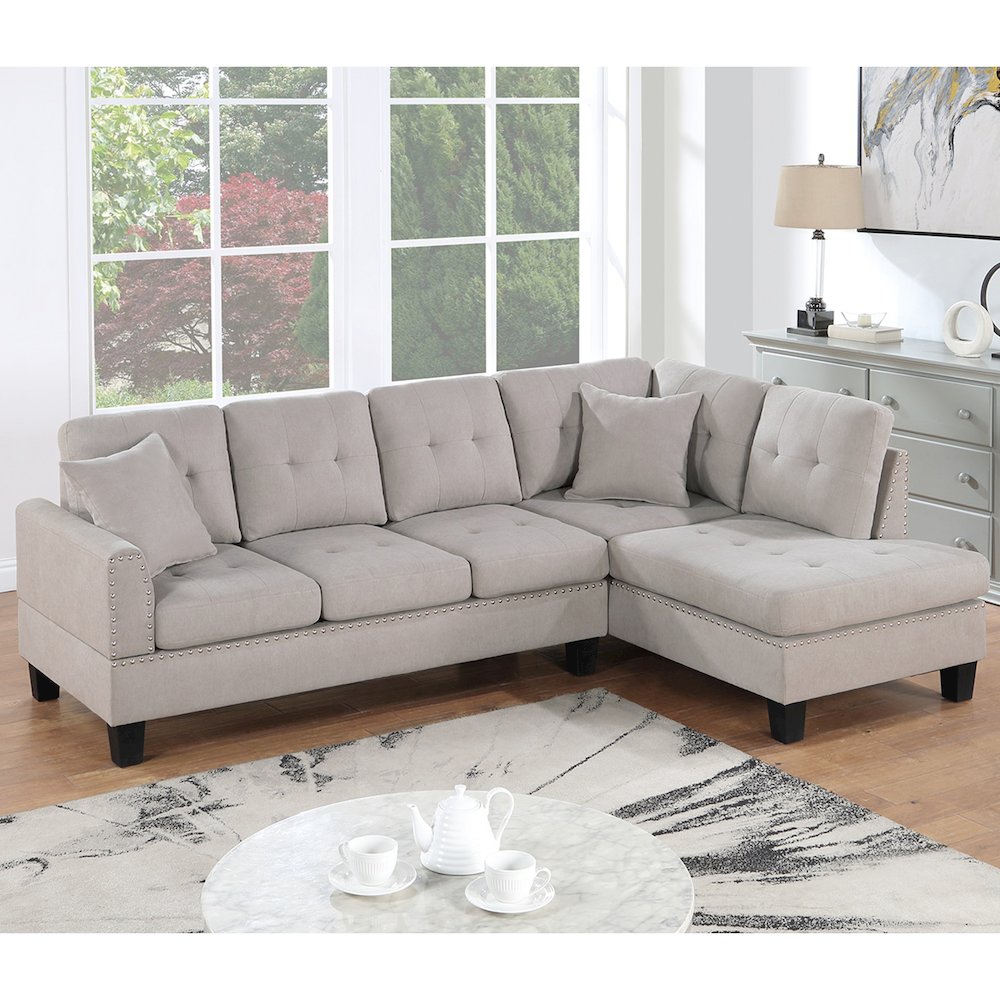 2 Piece Velvet Sectional Sofa Set with 2 Accent Pillows in Mushroom. Picture 2