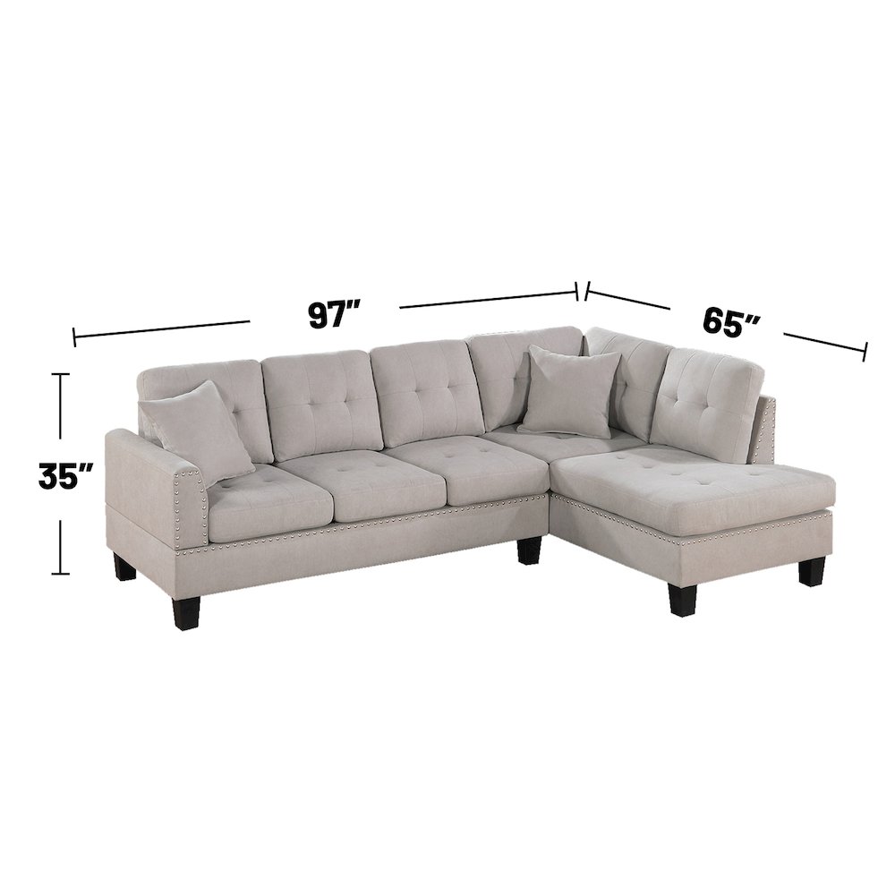 2 Piece Velvet Sectional Sofa Set with 2 Accent Pillows in Mushroom. Picture 3