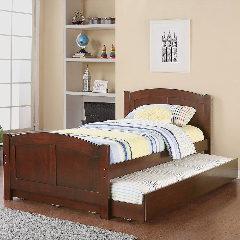 Twin Size Wood Bed With Trundle in Dark Cherry. Picture 2