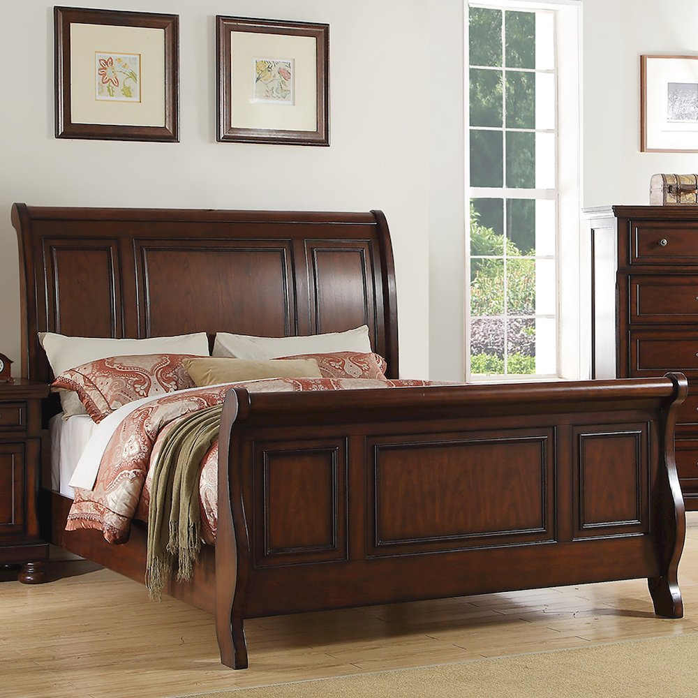Pine Wood Cal King Sleigh Bed, Cherry Brown. Picture 2