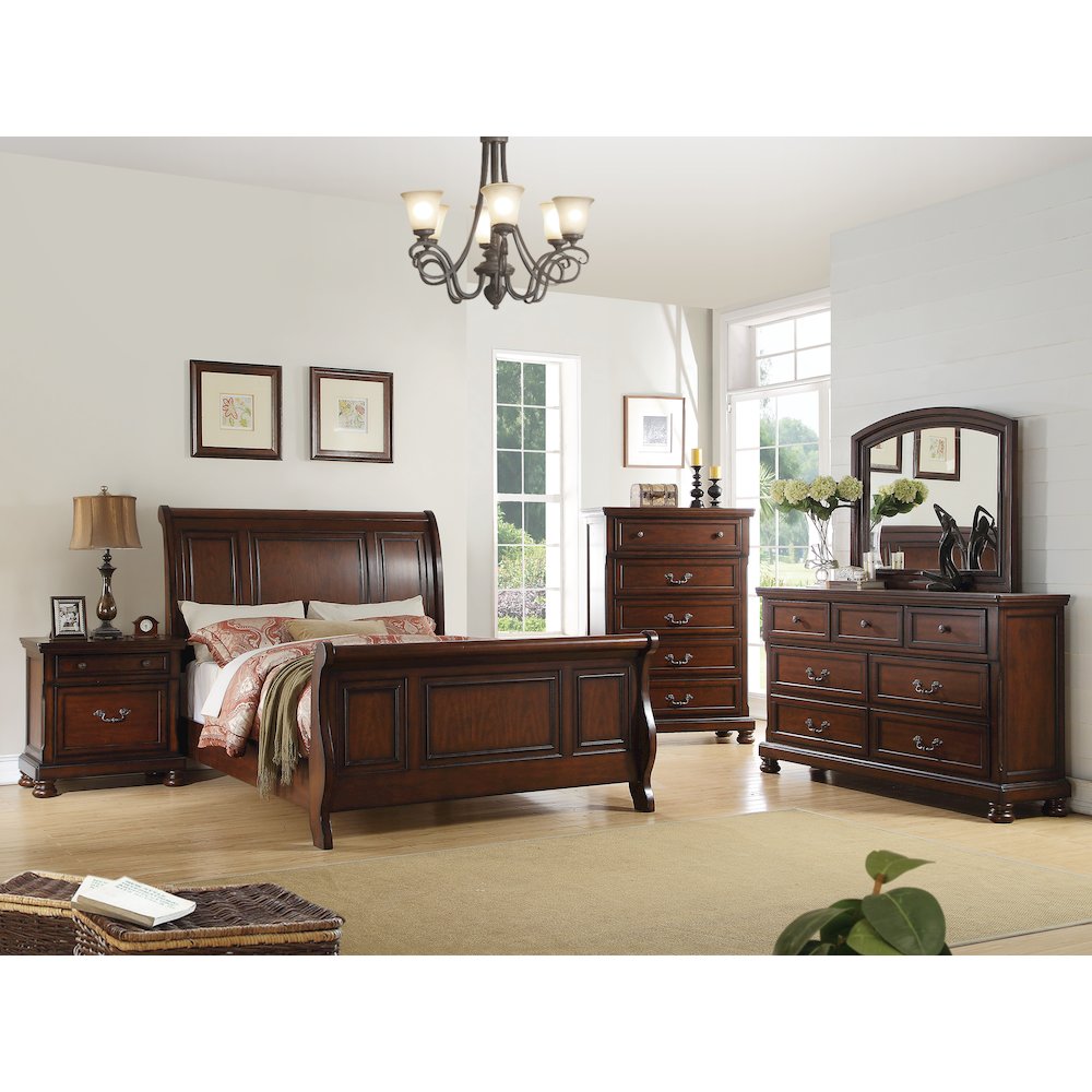 Pine Wood King Sleigh Bed, Cherry Brown. Picture 4