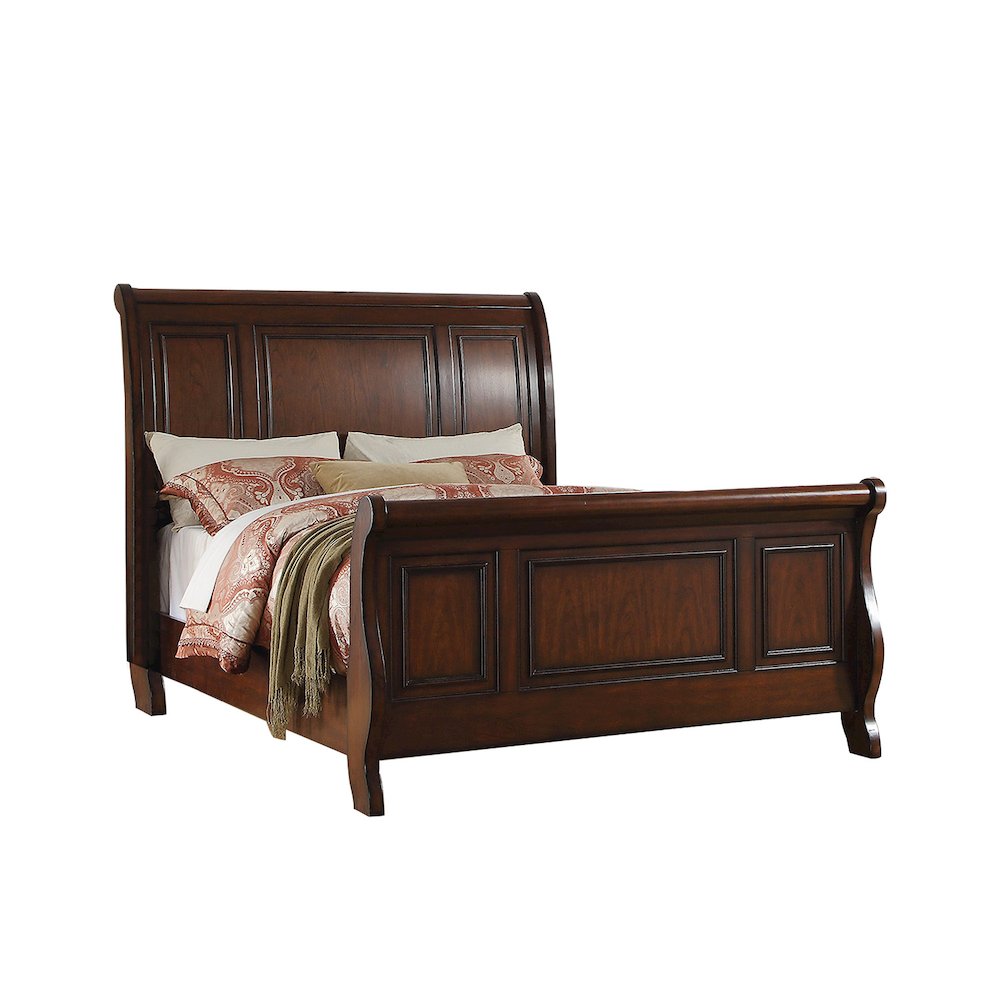 Pine Wood Queen Sleigh Bed, Cherry Brown. Picture 1