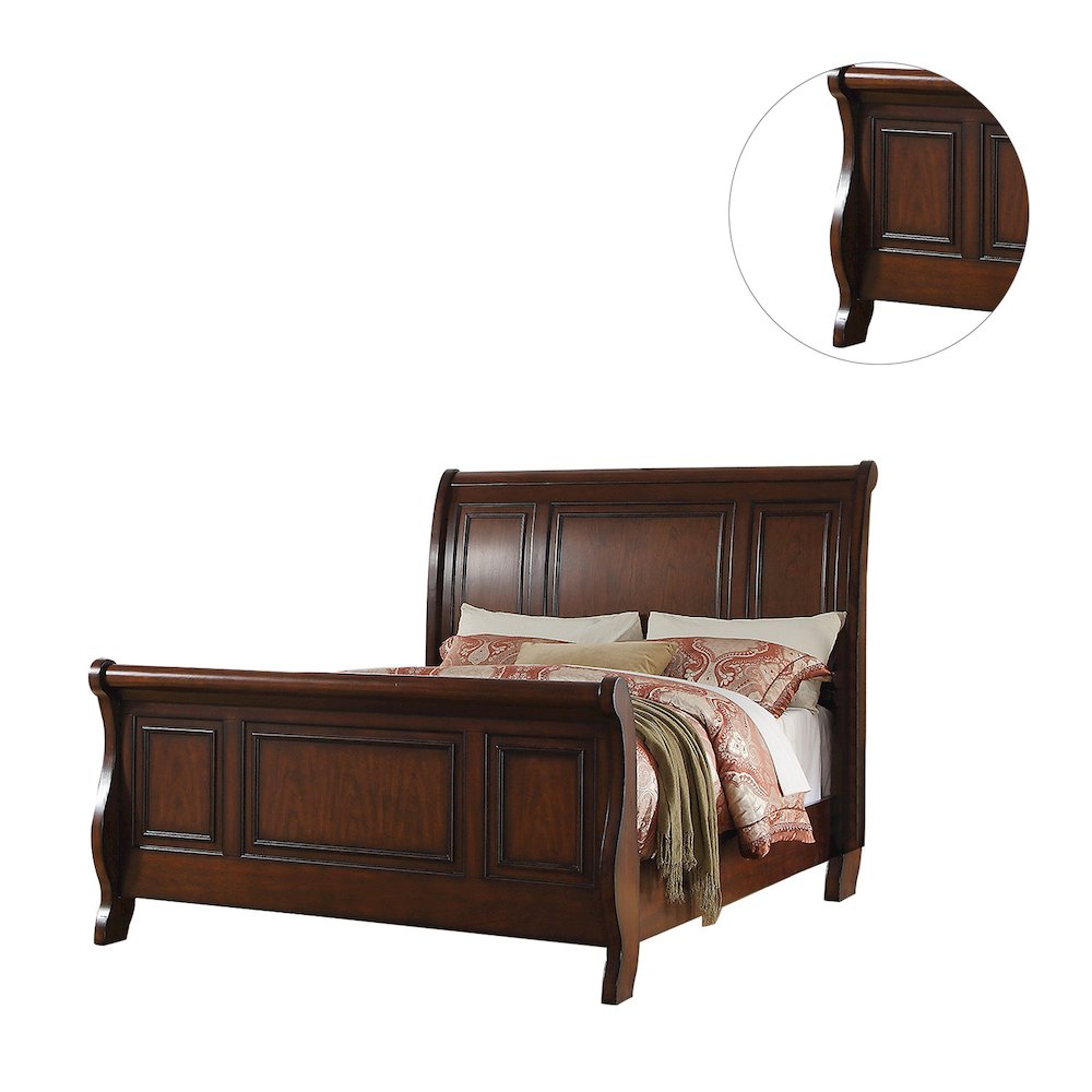 Pine Wood Queen Sleigh Bed, Cherry Brown. Picture 3