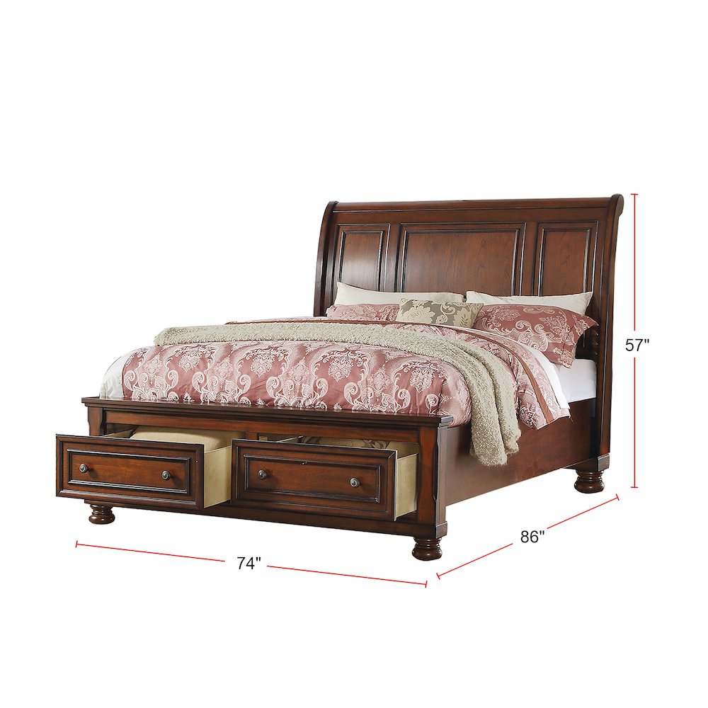 Cal King Sleigh Bed With 2 Drawers, Cherry Brown. Picture 2