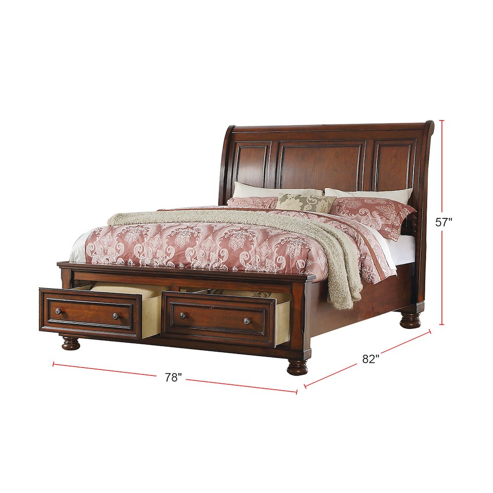 King Sleigh Bed With 2 Drawers, Cherry Brown. Picture 5
