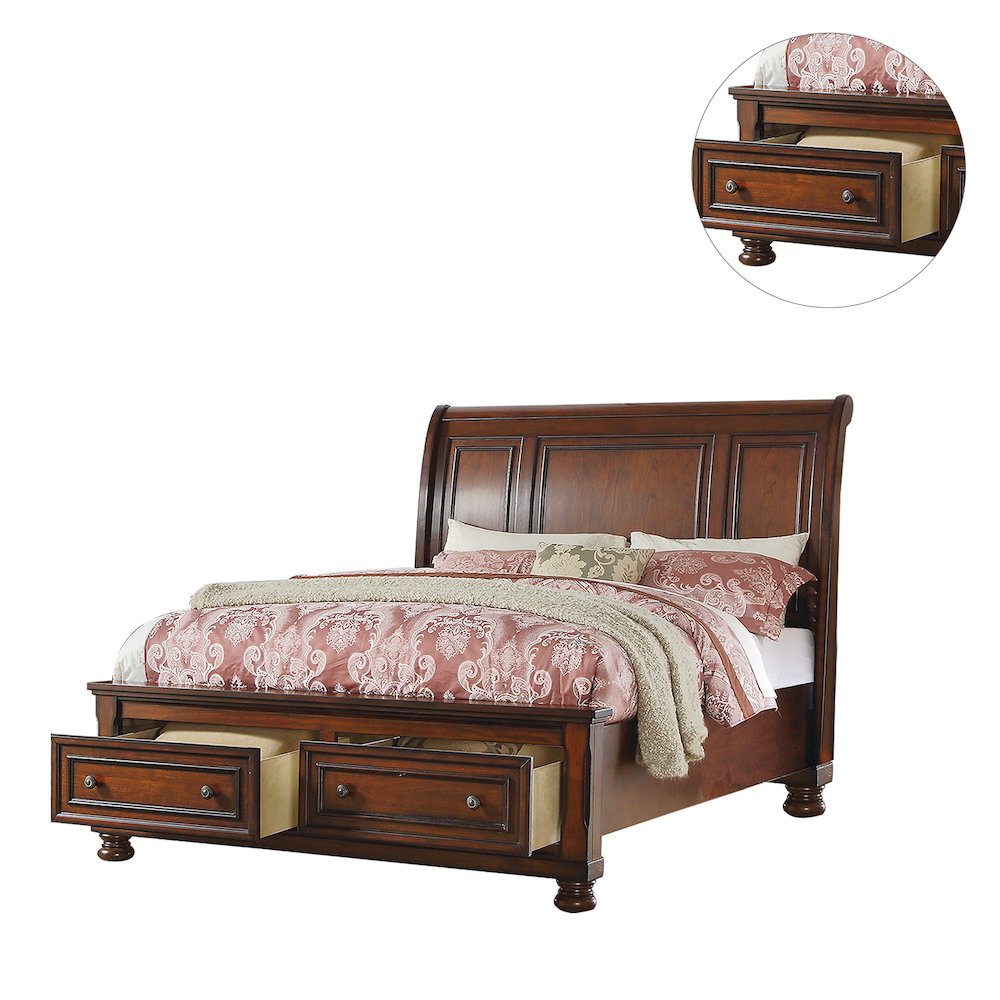 King Sleigh Bed With 2 Drawers, Cherry Brown. Picture 3