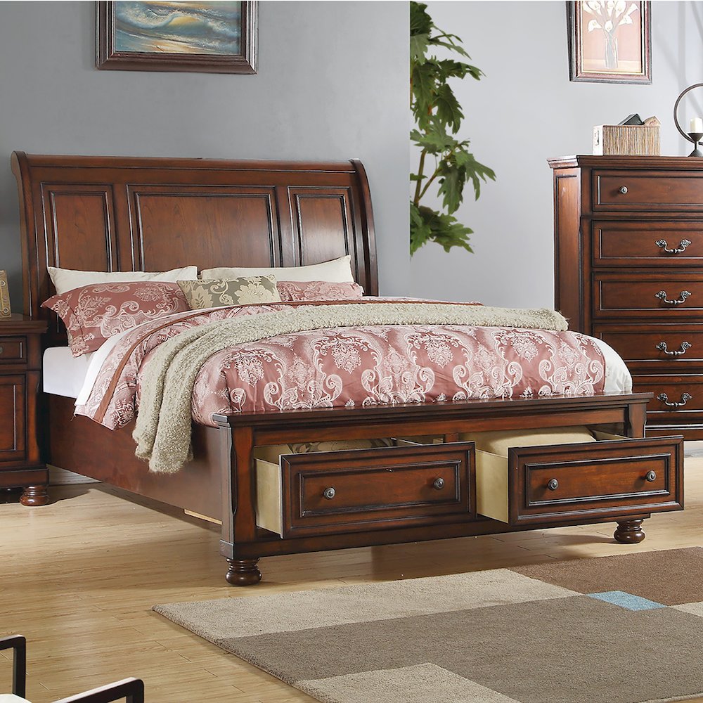Queen Sleigh Bed With 2 Drawers, Cherry Brown. Picture 4