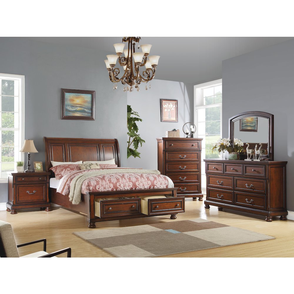 Queen Sleigh Bed With 2 Drawers, Cherry Brown. Picture 2