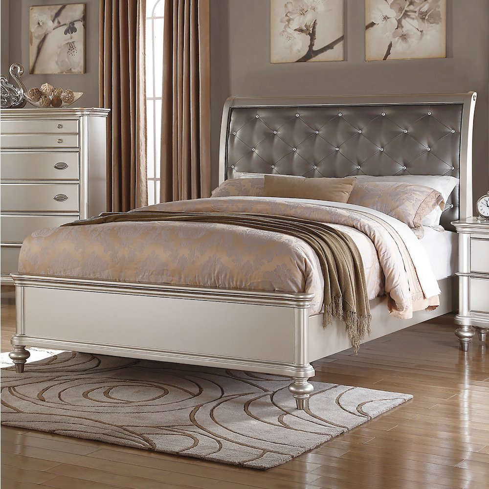 Antique Silver Queen Size Bed with Button Tufted Padded HB. Picture 2
