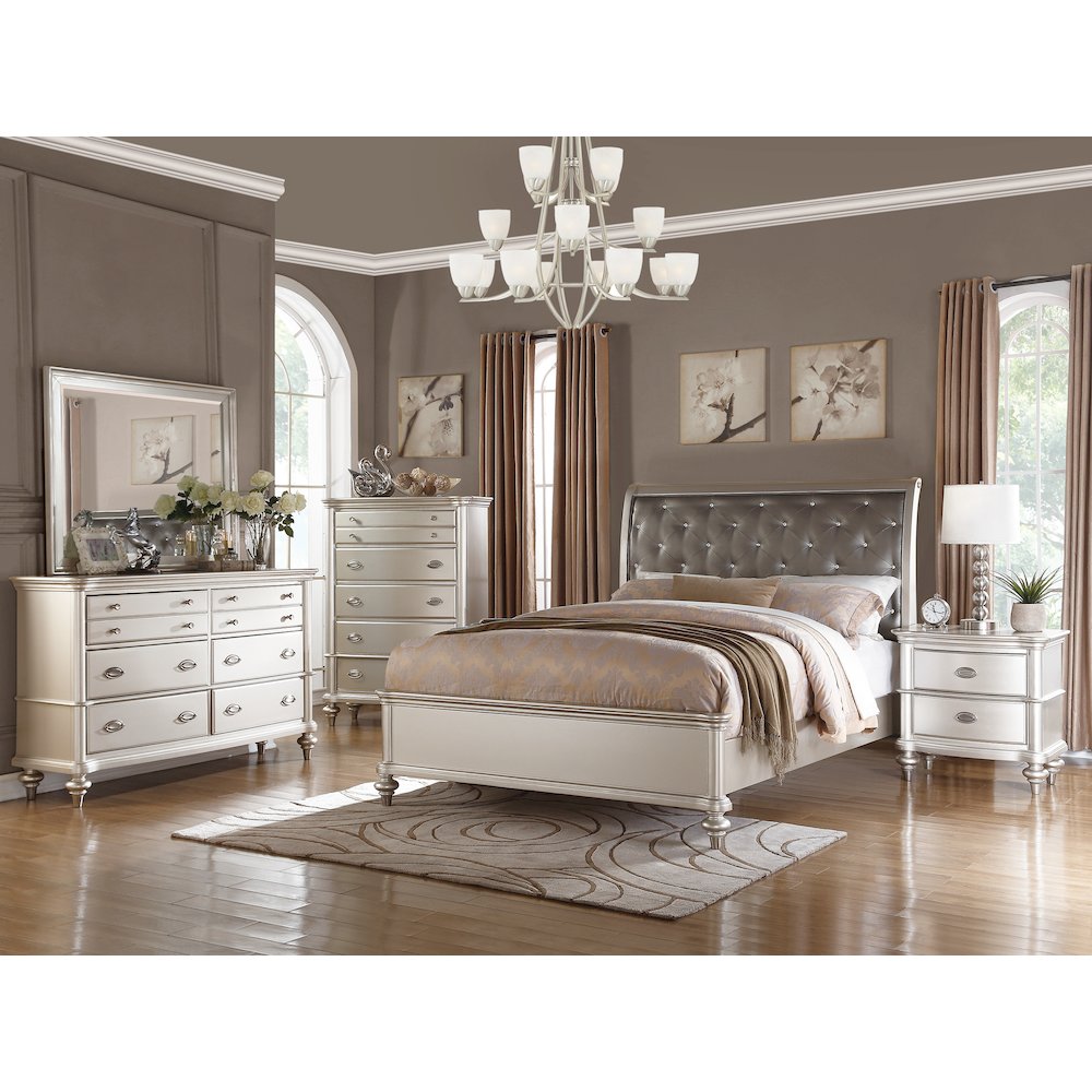 Antique Silver Queen Size Bed with Button Tufted Padded HB. Picture 4