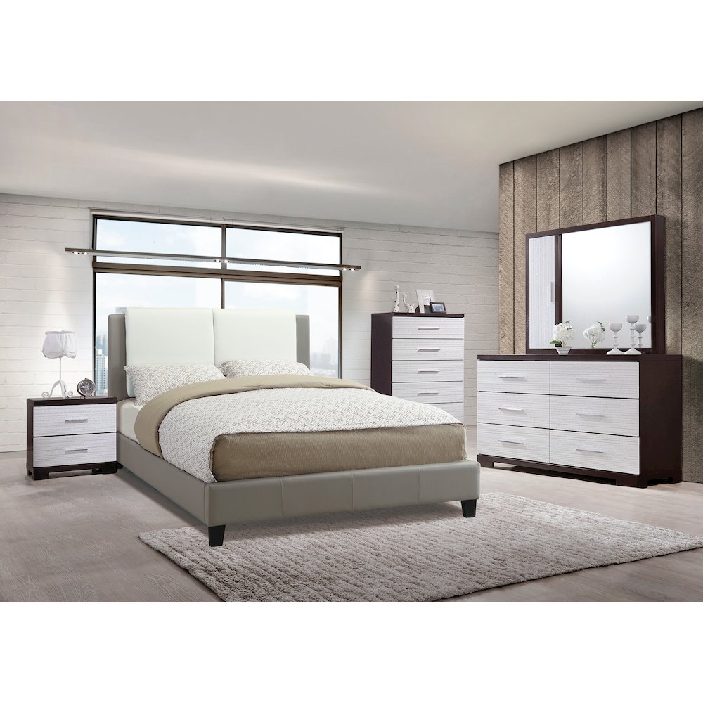Faux Leather Upholstered Cal. King Size Bed, Grey and White. Picture 4