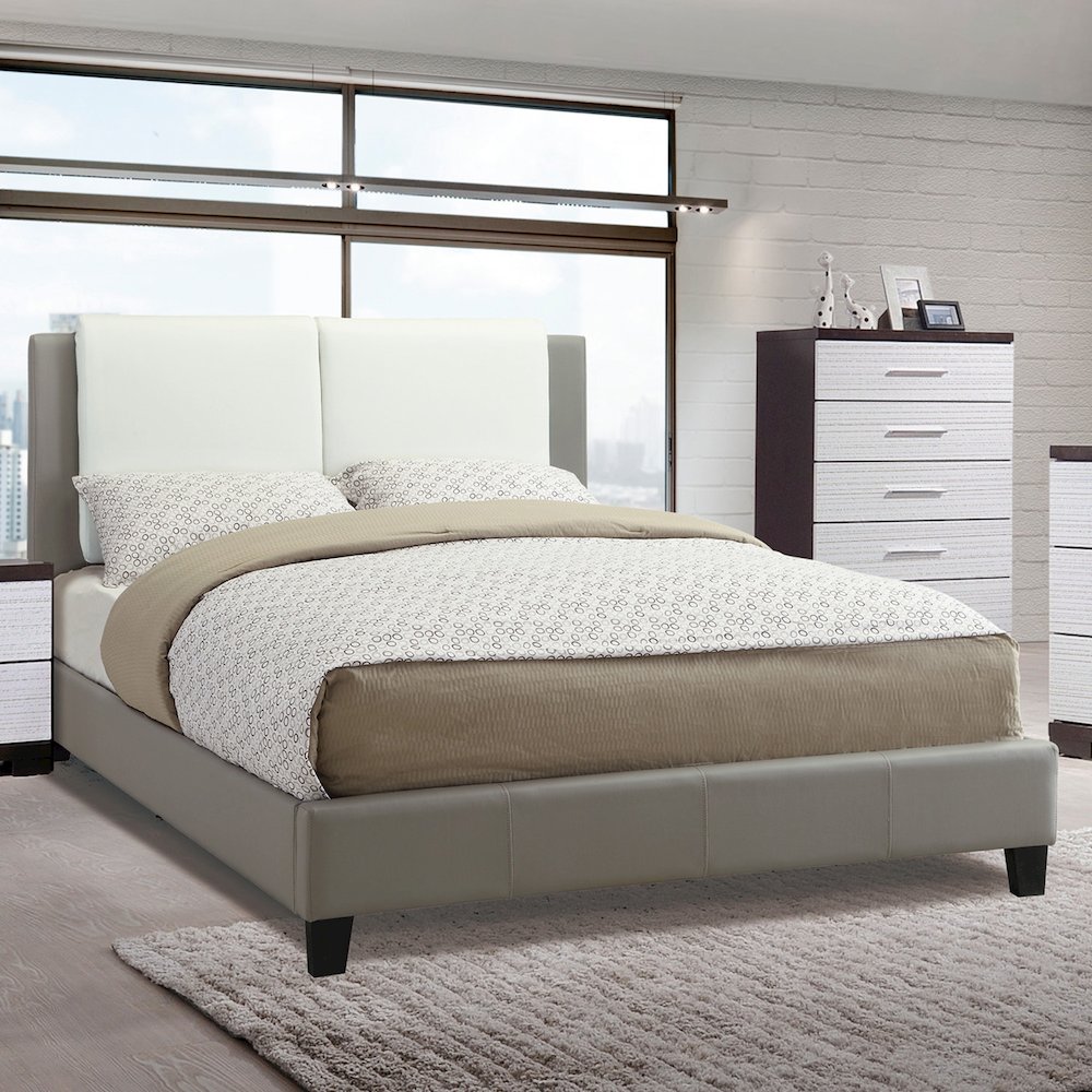 Faux Leather Upholstered King Size Bed, Grey and White. Picture 2