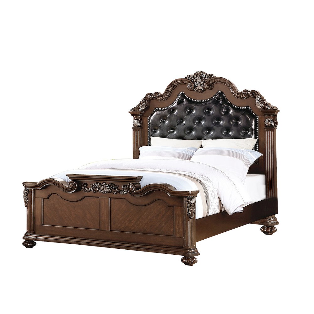 King Size Wooden Bed With Padded Headboard in Dark Cherry Finish. Picture 1