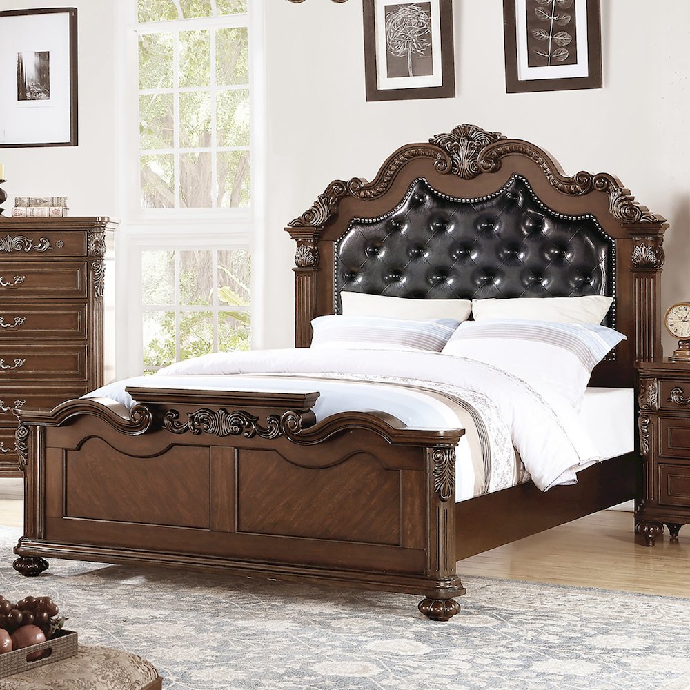 Queen Size Wooden Bed With Padded Headboard in Dark Cherry Finish. Picture 5