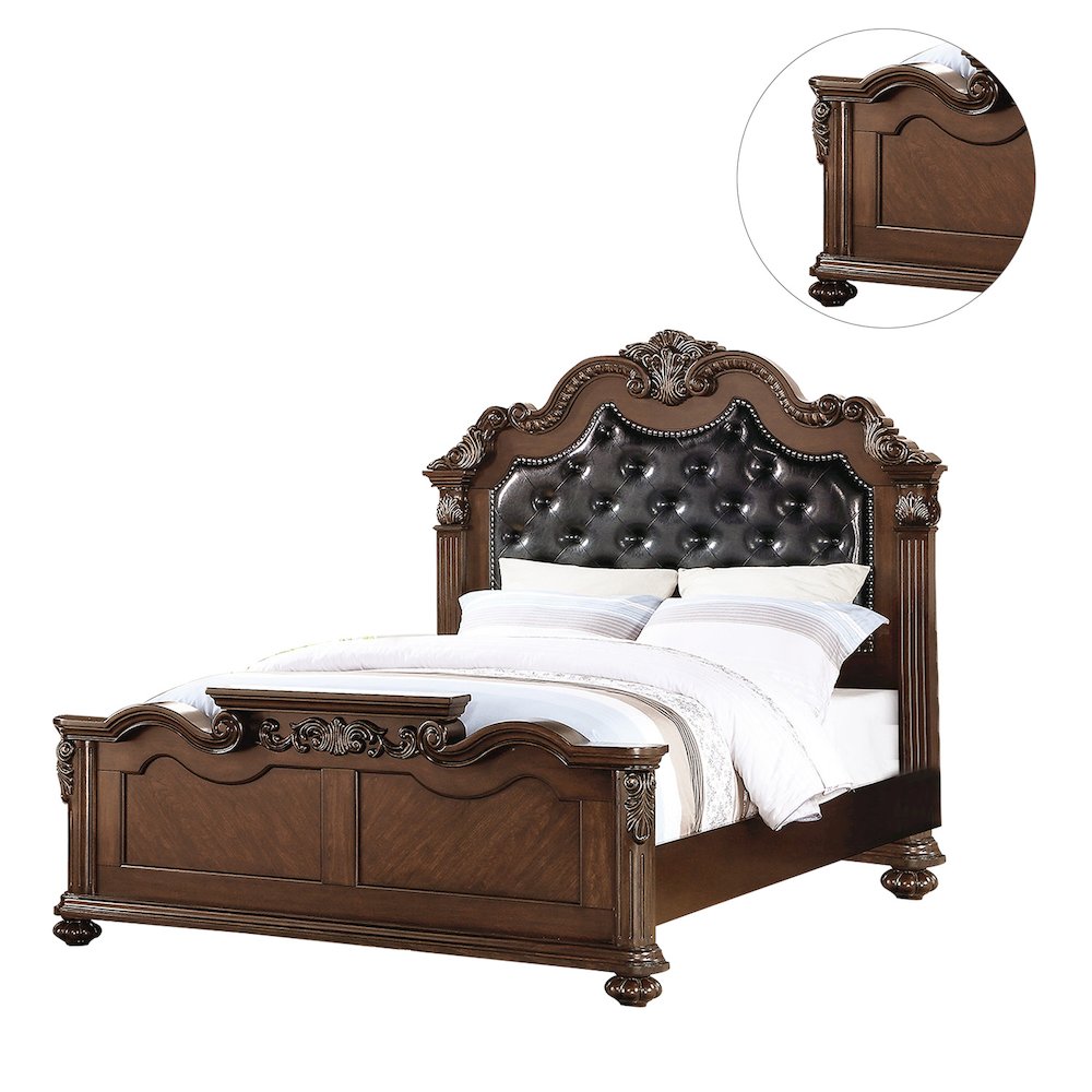 Queen Size Wooden Bed With Padded Headboard in Dark Cherry Finish. Picture 3