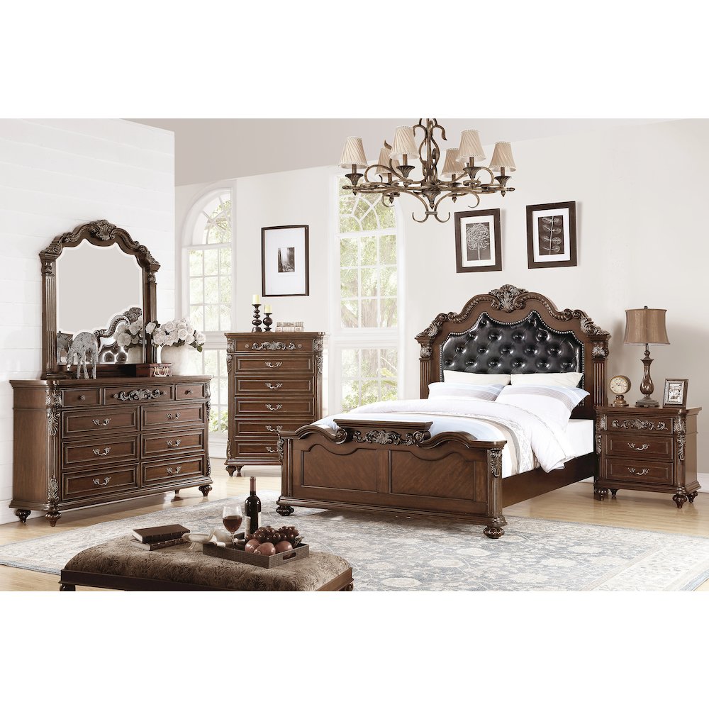 Queen Size Wooden Bed With Padded Headboard in Dark Cherry Finish. Picture 4