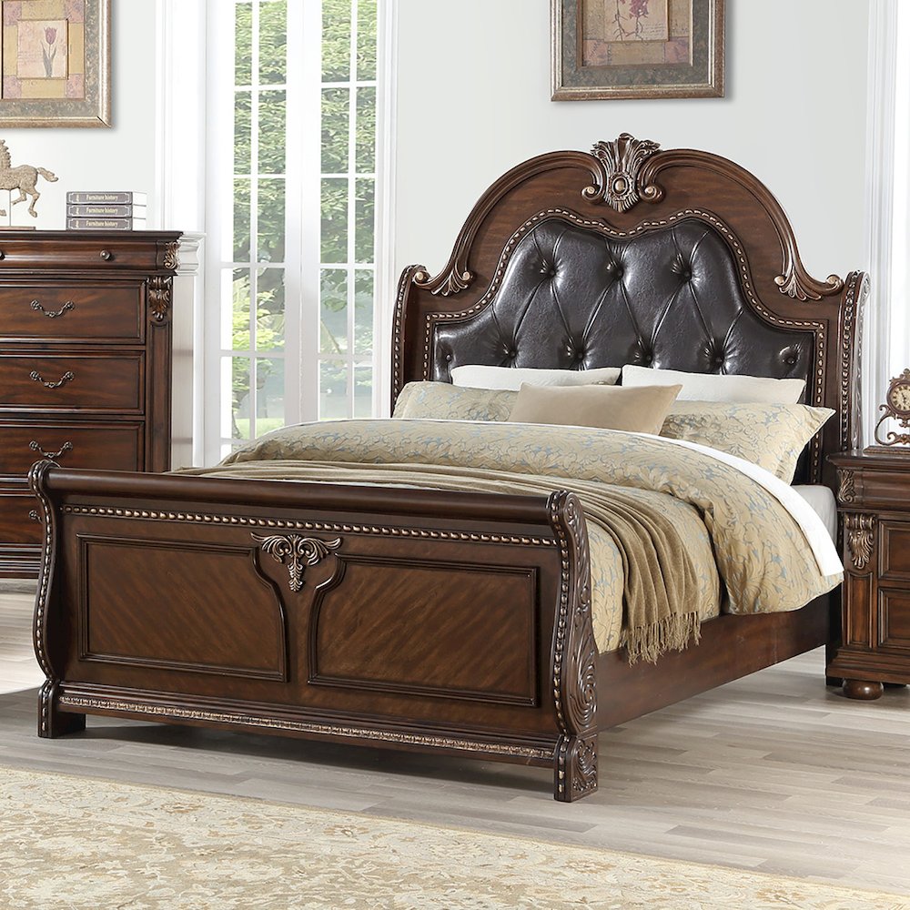 Queen Size Bed With Button Tufted Headboard, Brown. Picture 2