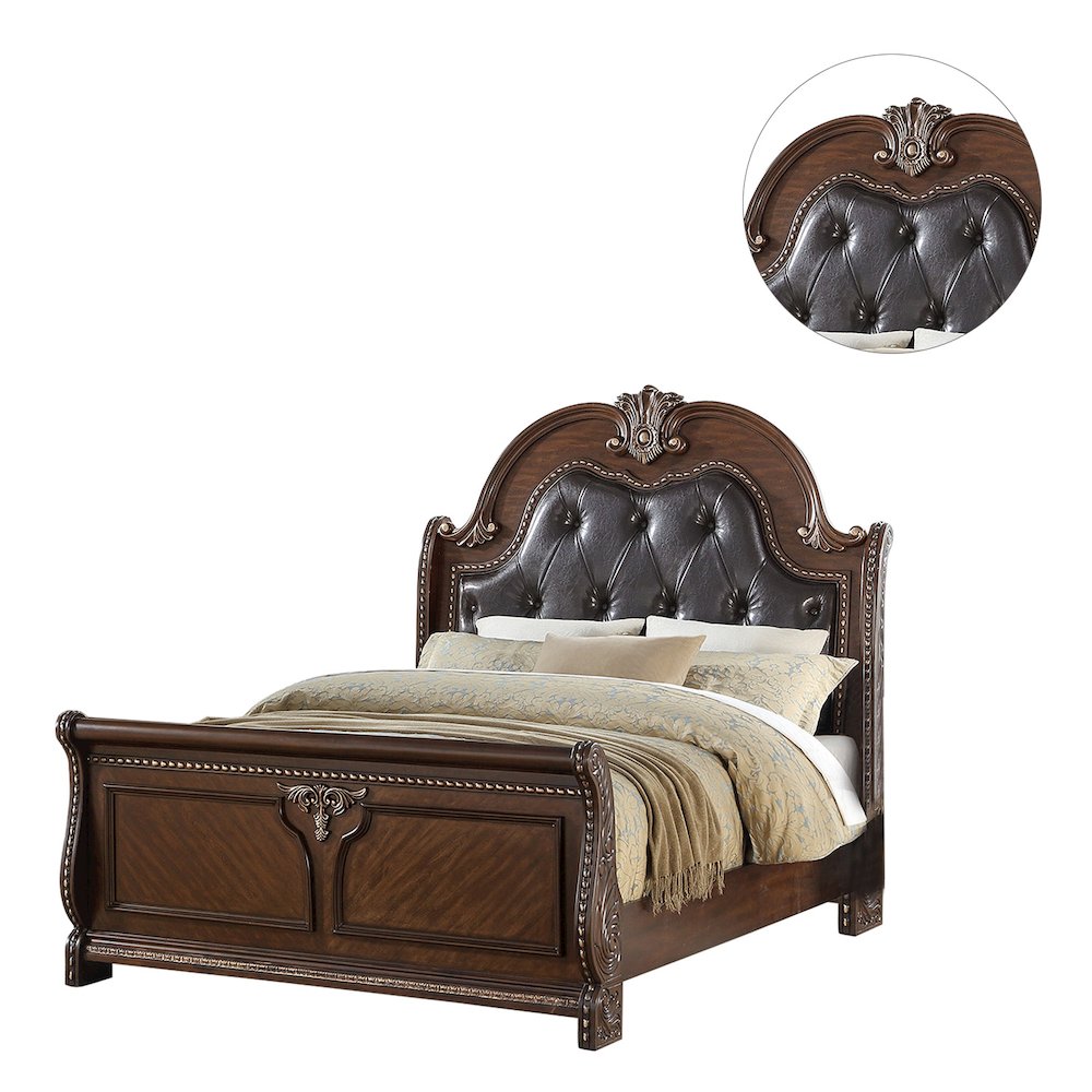 Queen Size Bed With Button Tufted Headboard, Brown. Picture 3