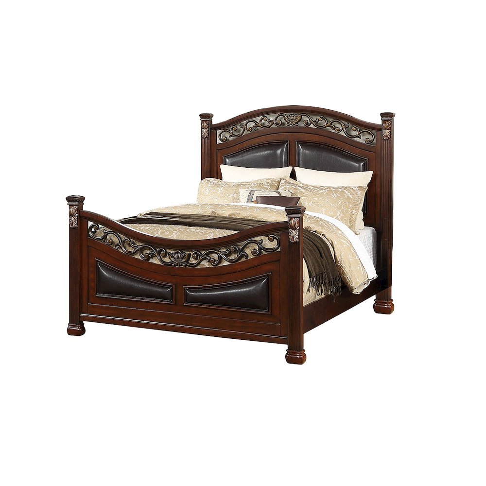 Queen Wood Bed With Padded Headboard, Walnut. Picture 1