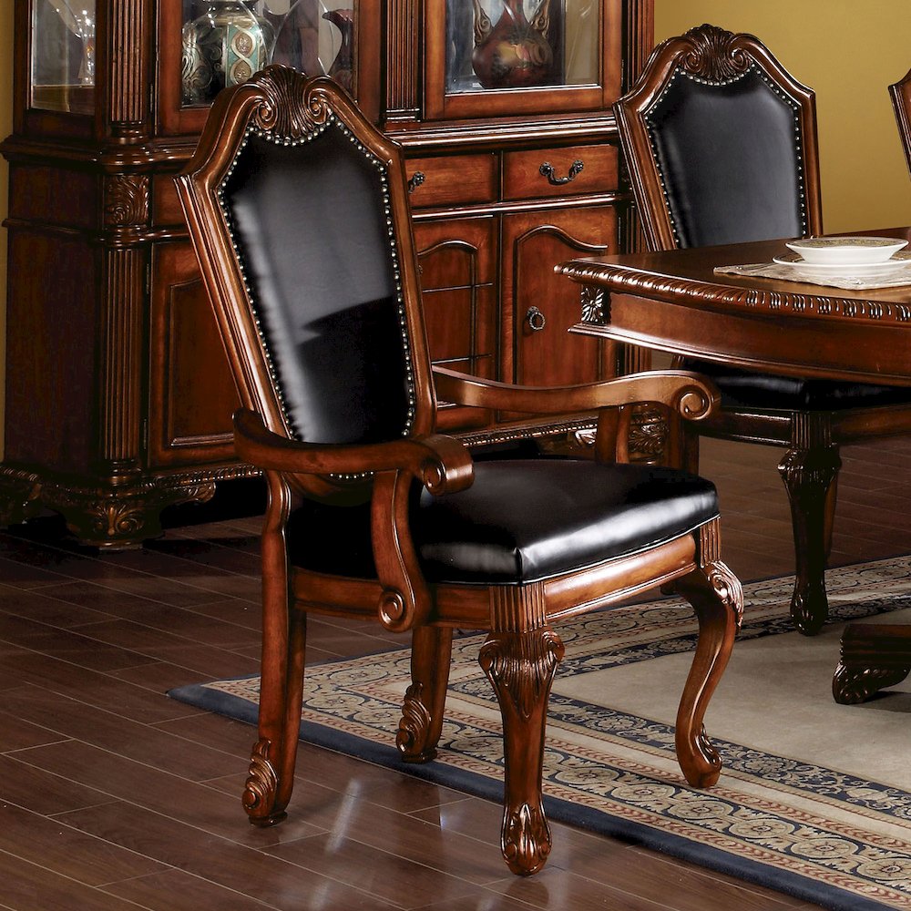Set of 2 Black PU Upholstered Dining Armchairs in Cherry Finish. Picture 2