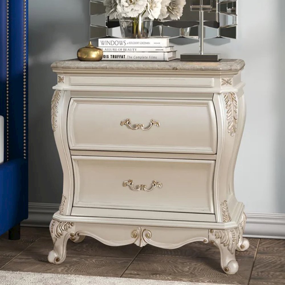 2-drawer Nightstand with Granite Top in Pearl White. Picture 2