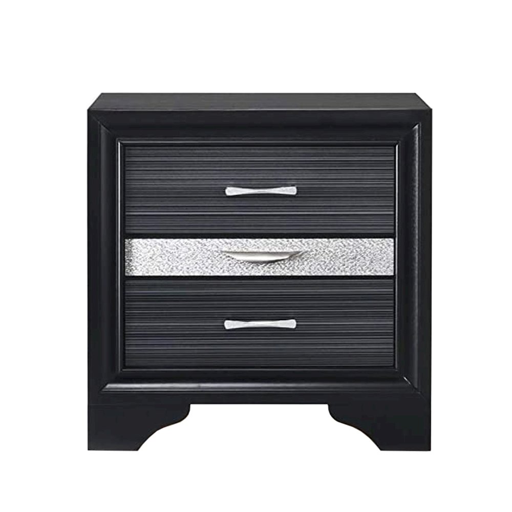 3 Drawers Silver Glitter Inserted Nightstand in Black. Picture 1