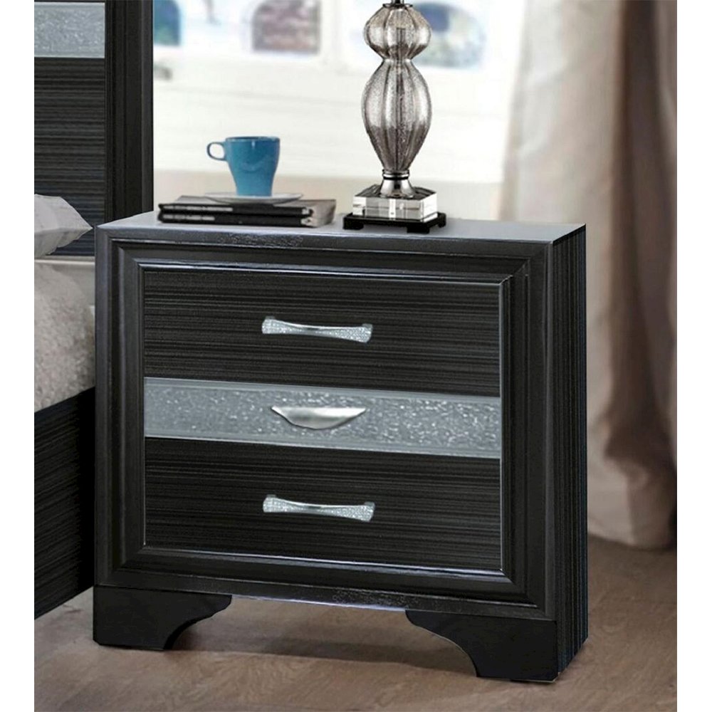 3 Drawers Silver Glitter Inserted Nightstand in Black. Picture 2