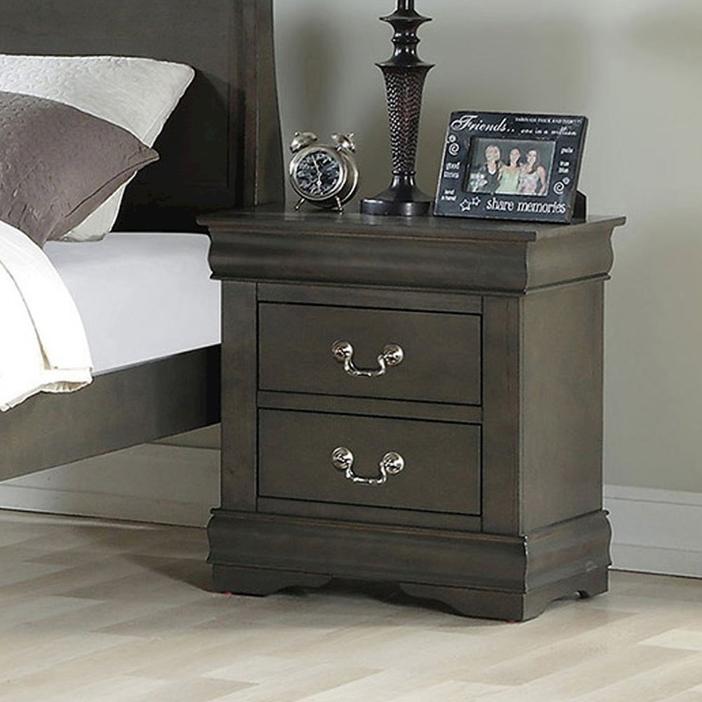 2 Drawers Wood Nightstand with Metal Handle in Dark Gray. Picture 2
