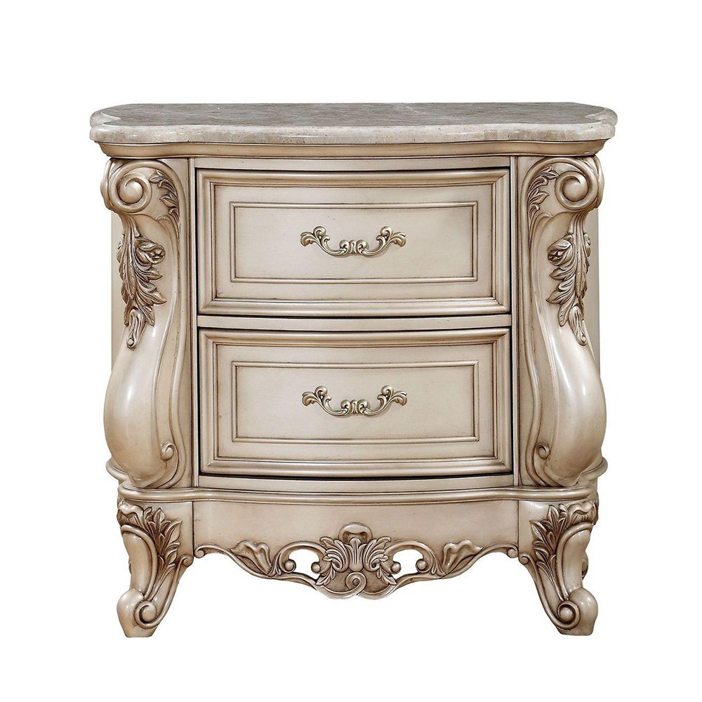 2 Drawers Nightstand with MarbleTop in Antique White Finish. Picture 1