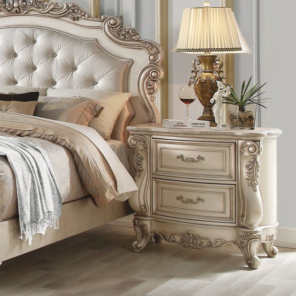 2 Drawers Nightstand with MarbleTop in Antique White Finish. Picture 2