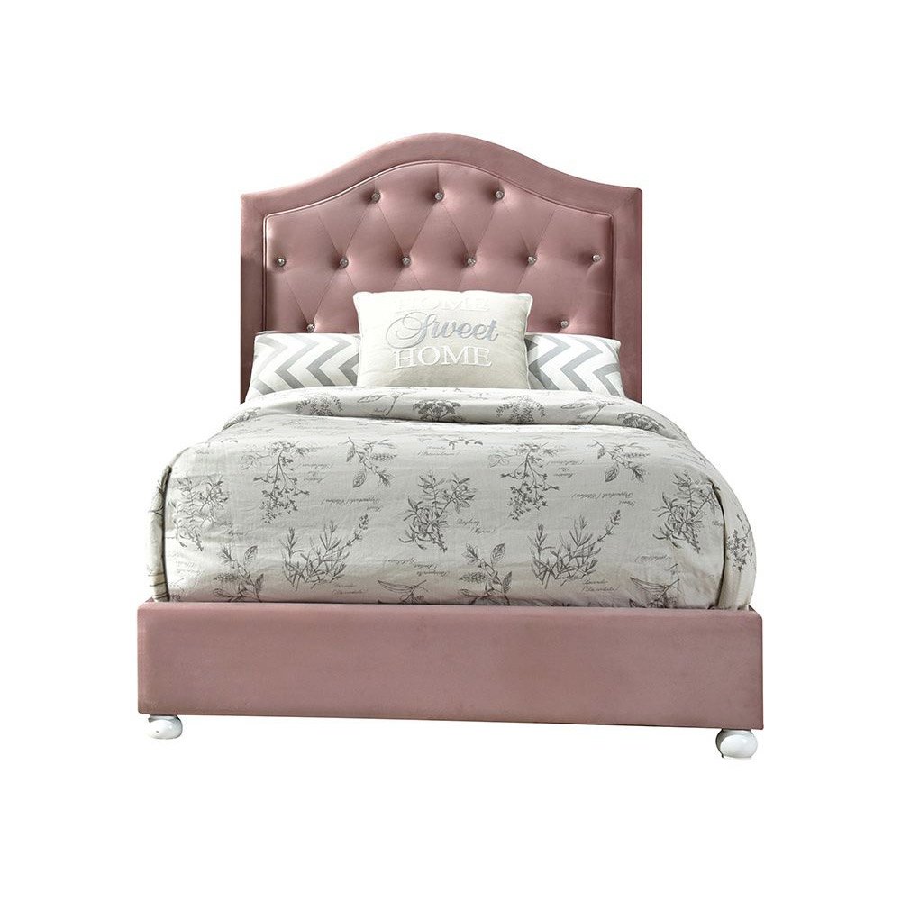 Fabric Upholstered Twin Bed with Wood Legs and Tufted Headboard in Pink. Picture 1