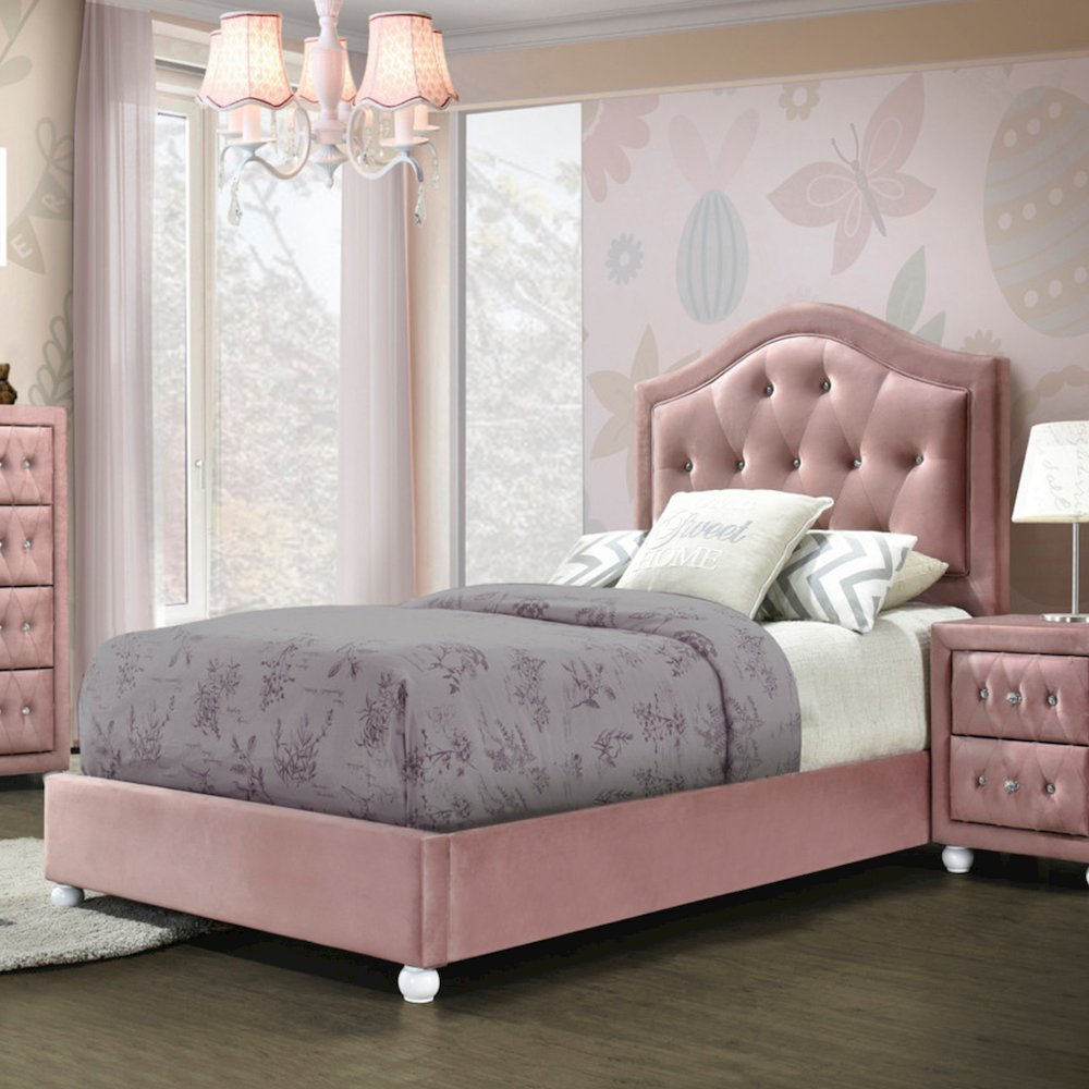 Fabric Upholstered Twin Bed with Wood Legs and Tufted Headboard in Pink. Picture 2