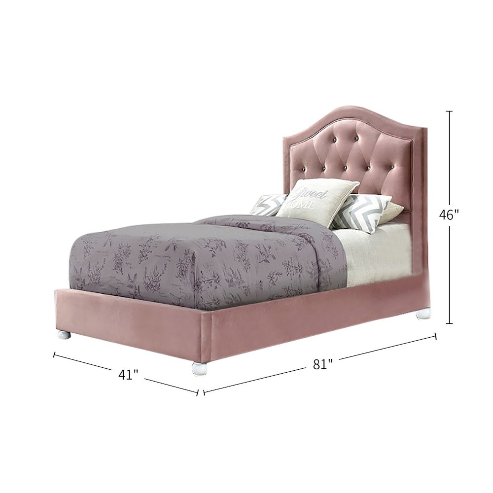 Fabric Upholstered Twin Bed with Wood Legs and Tufted Headboard in Pink. Picture 3