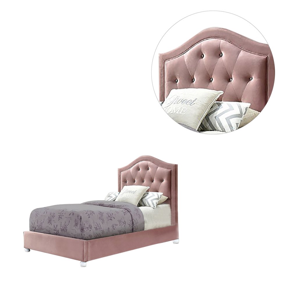 Fabric Upholstered Twin Bed with Wood Legs and Tufted Headboard in Pink. Picture 4
