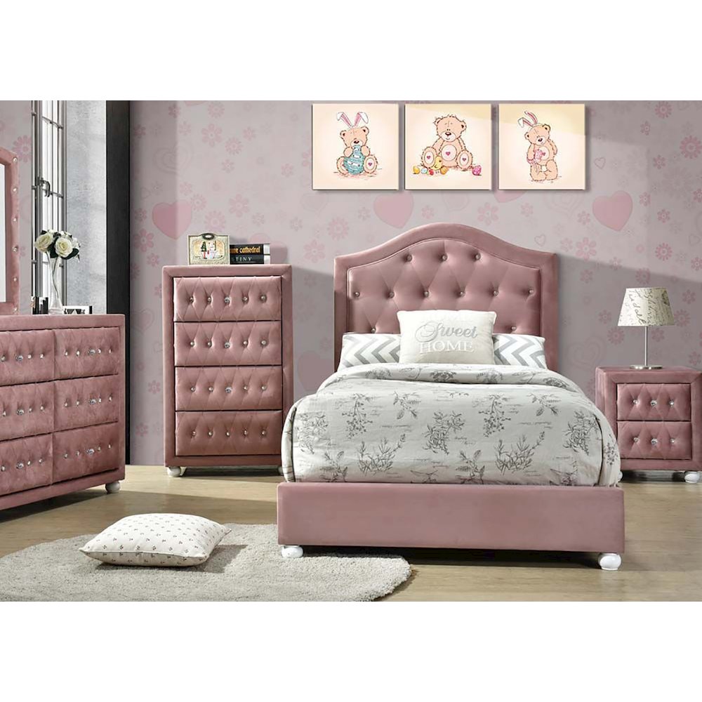 Fabric Upholstered Twin Bed with Wood Legs and Tufted Headboard in Pink. Picture 5