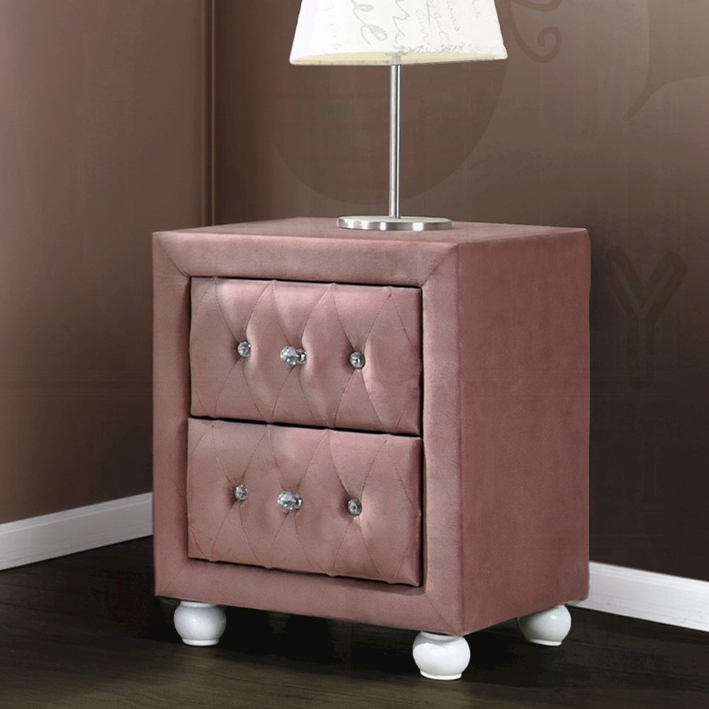 2 Drawers Fabric Upholstered Nightstand in Pink Finish. Picture 2